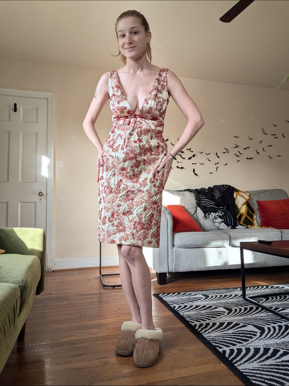 Red and Gold Floral Silk Cocktail Dress